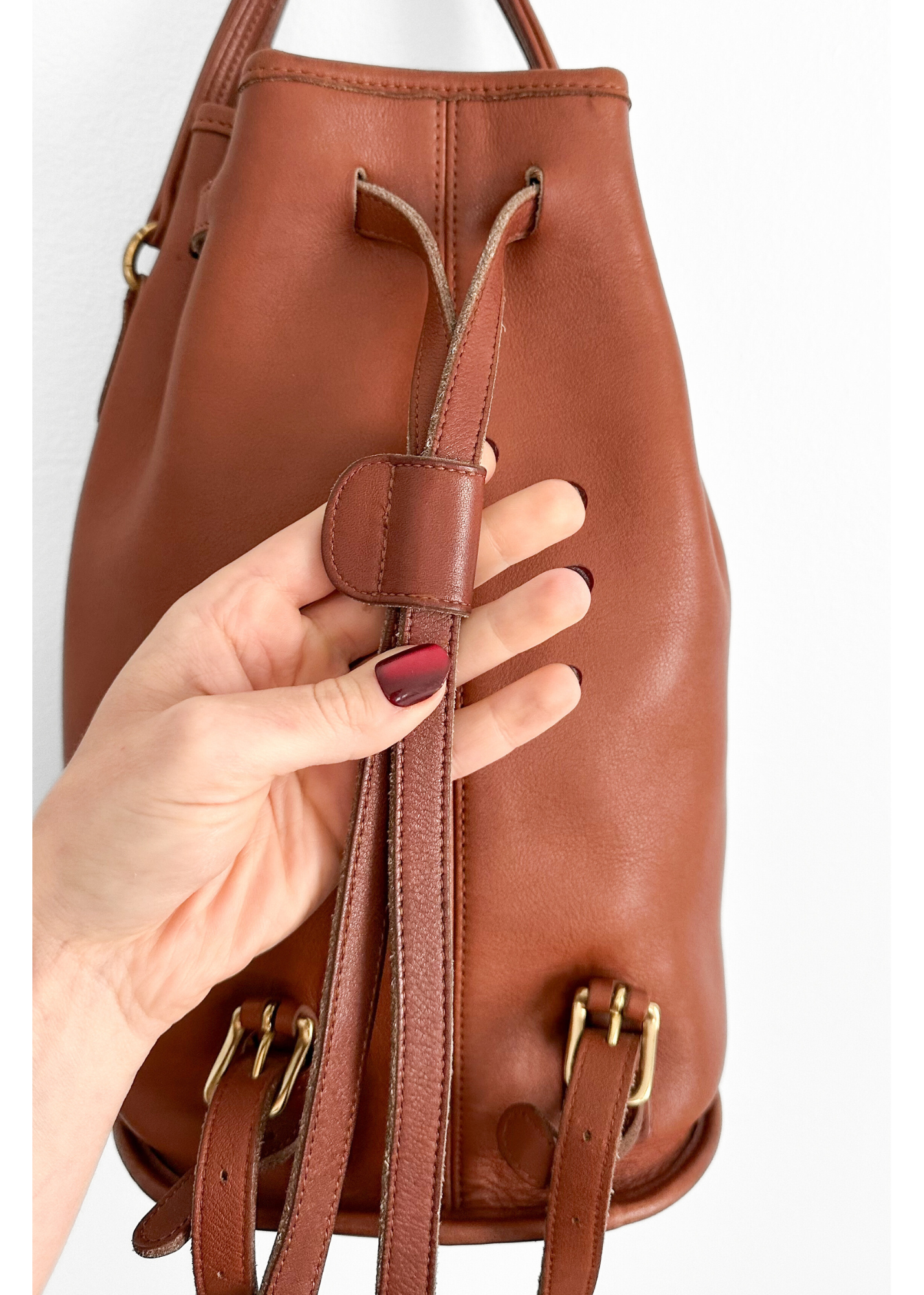 Vintage 90s Coach Top Handle Sling Backpack British Tan Leather Bucket Bag # 9992