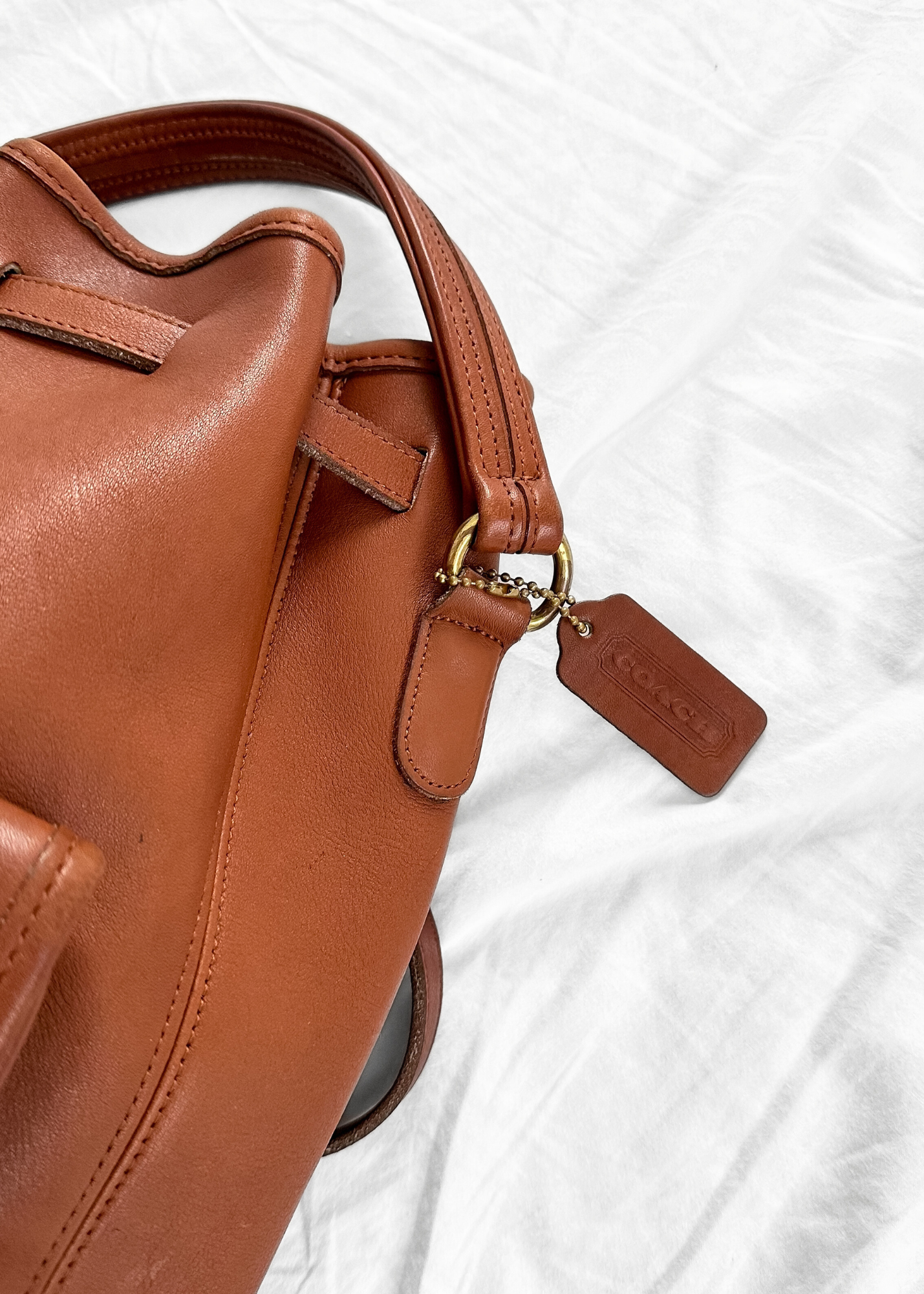 Vintage 90s Coach Top Handle Sling Backpack British Tan Leather Bucket Bag # 9992