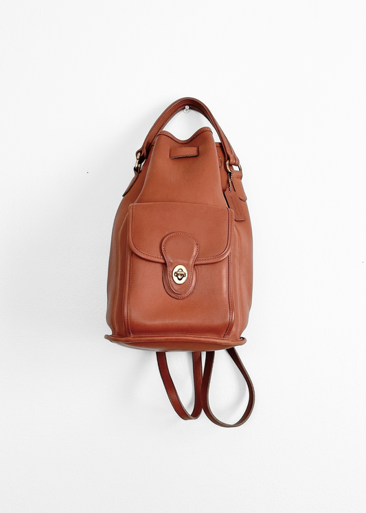 Vintage 90s Coach Top Handle Sling Backpack British Tan Leather Bucket Bag # 9992