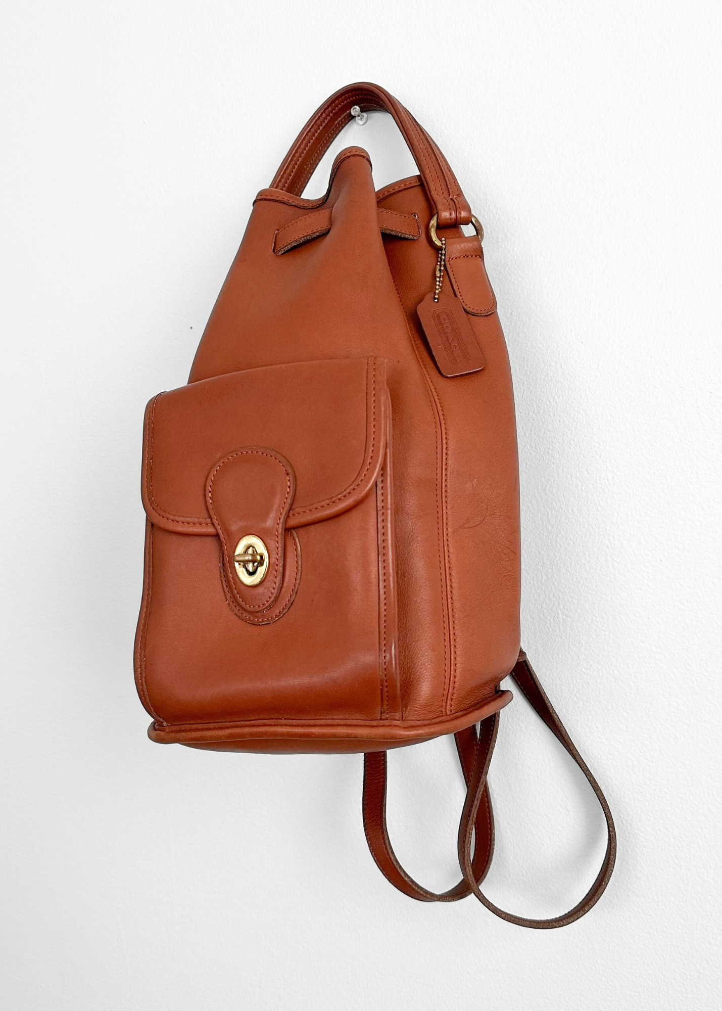 Vintage 90s Coach Top Handle Sling Backpack British Tan Leather Bucket Bag # 9992