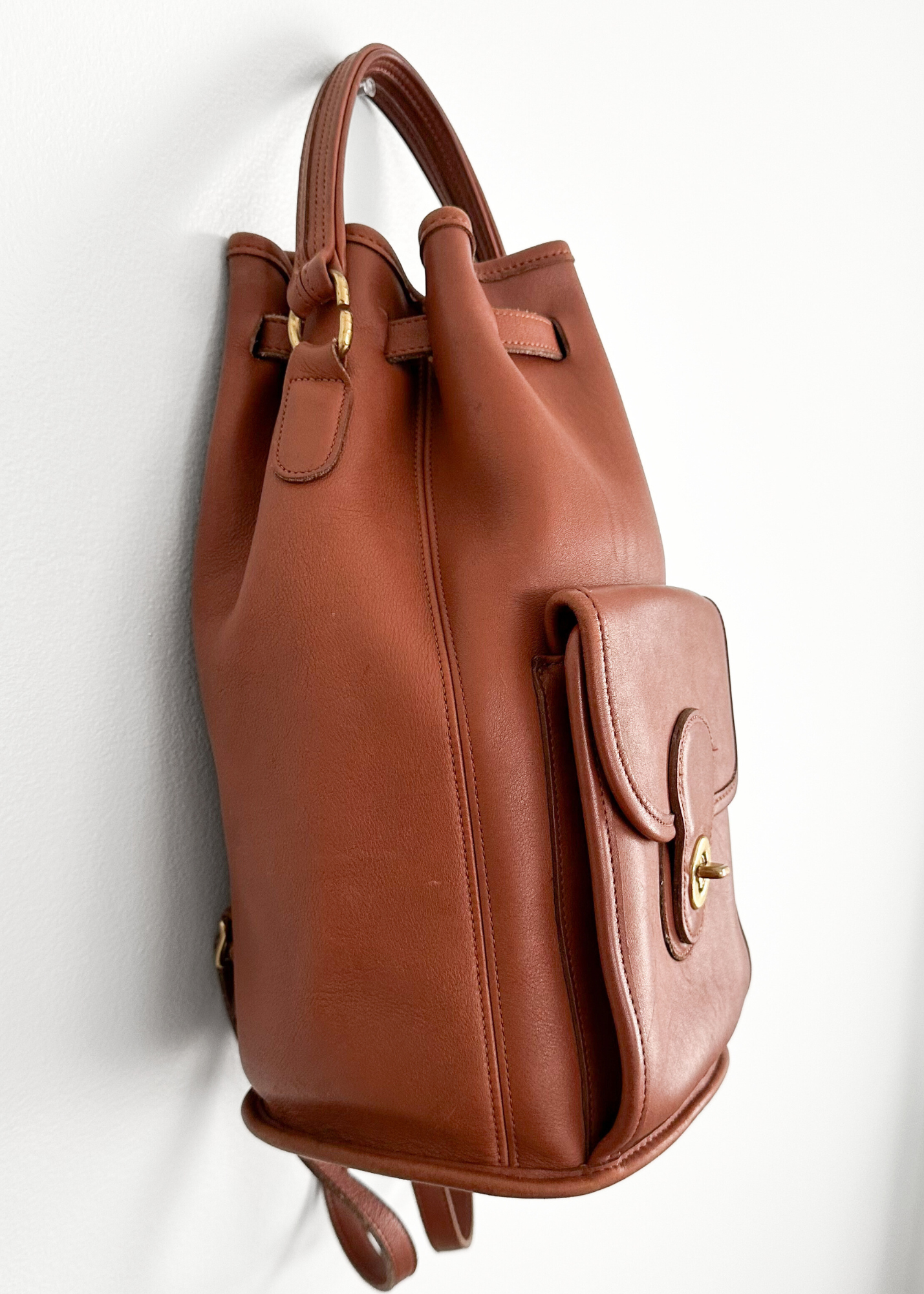 Vintage 90s Coach Top Handle Sling Backpack British Tan Leather Bucket Bag # 9992