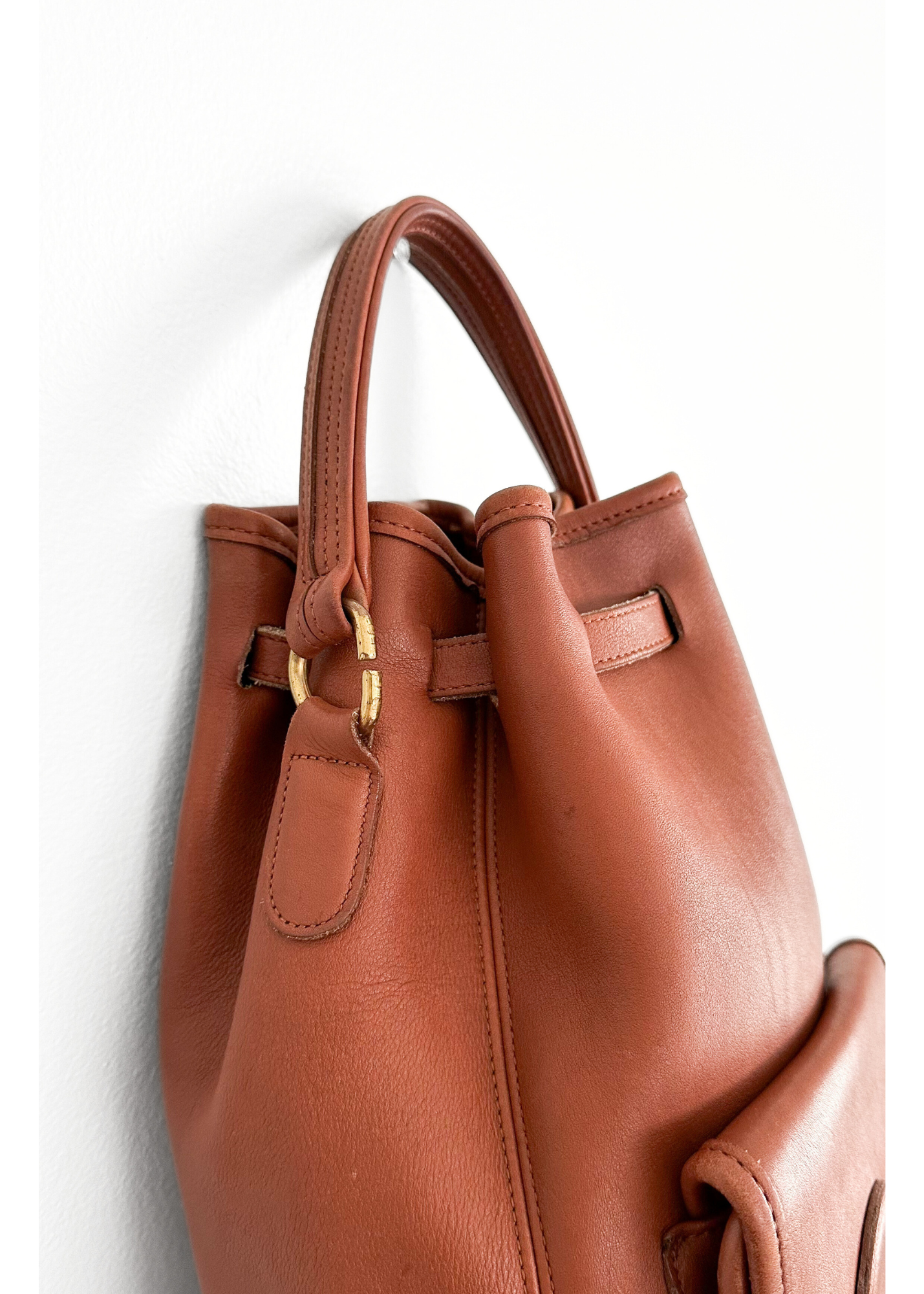 Vintage 90s Coach Top Handle Sling Backpack British Tan Leather Bucket Bag # 9992