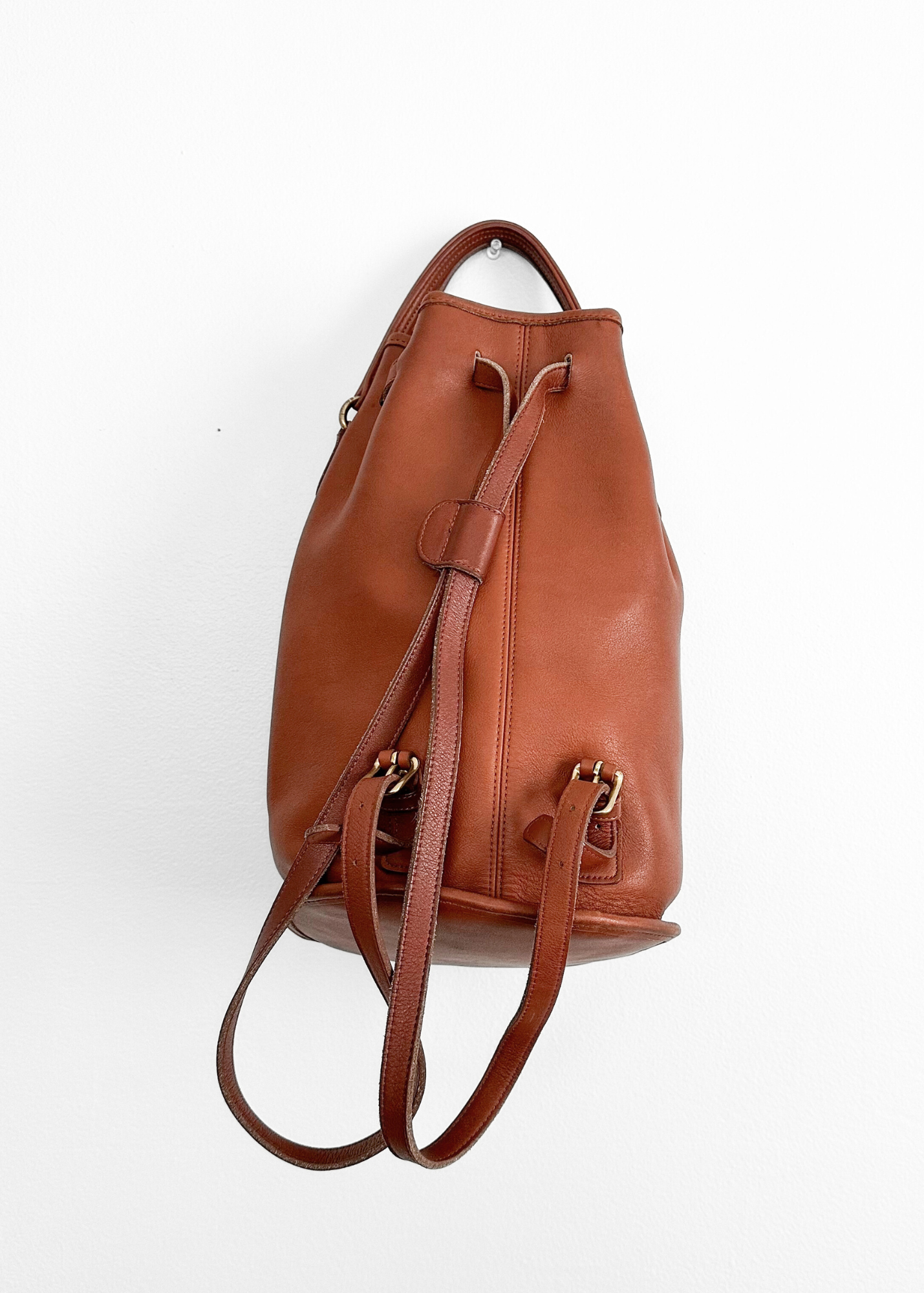 Vintage 90s Coach Top Handle Sling Backpack British Tan Leather Bucket Bag # 9992
