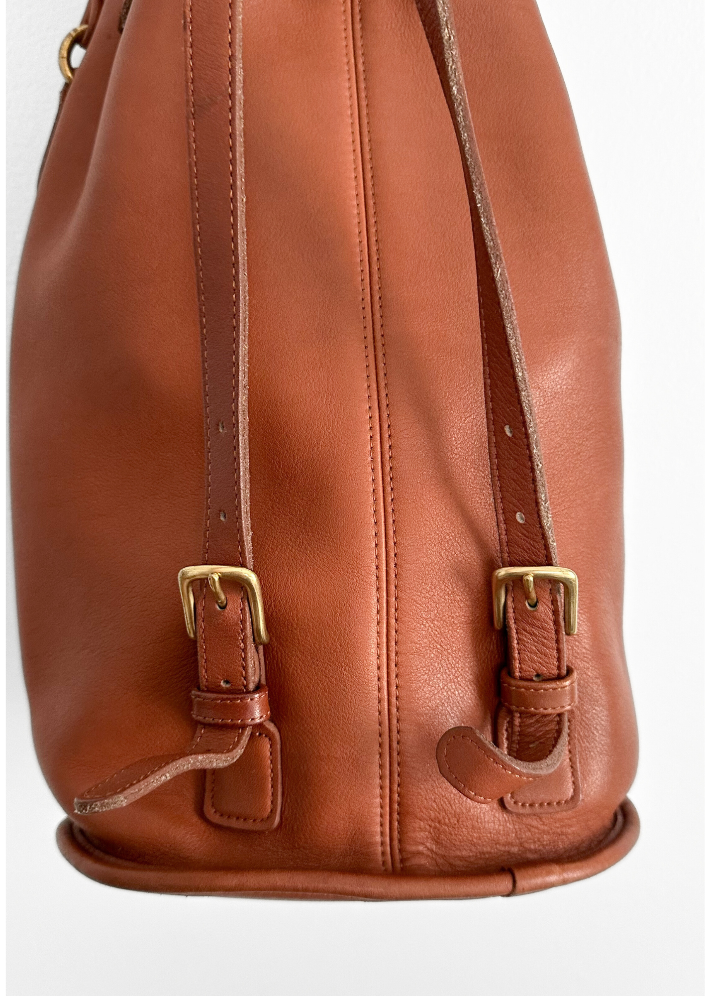 Vintage 90s Coach Top Handle Sling Backpack British Tan Leather Bucket Bag # 9992