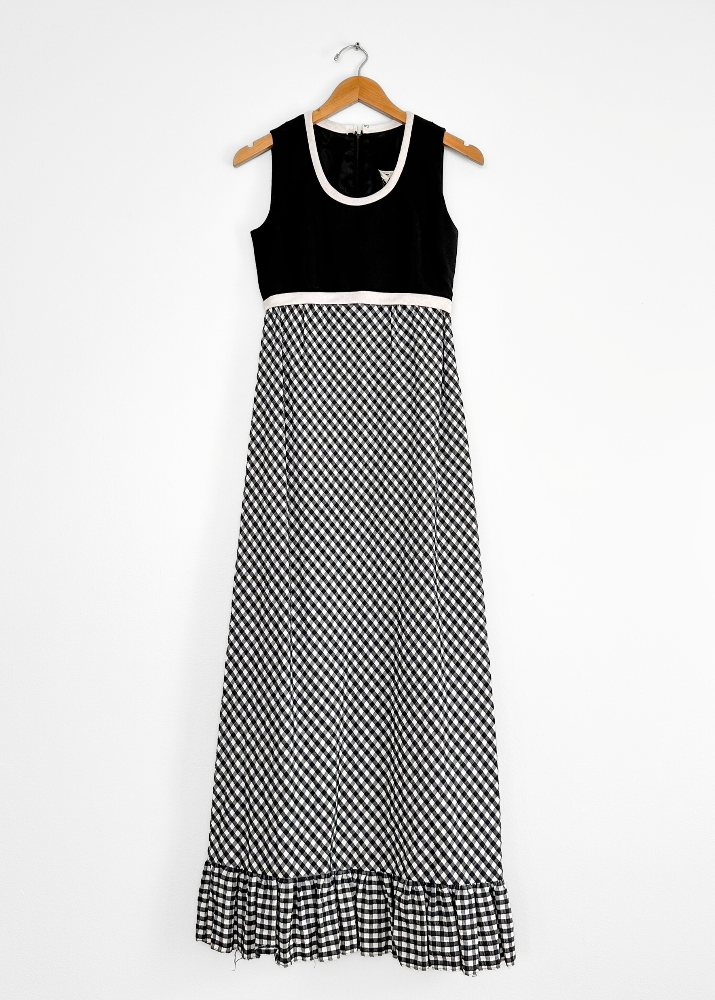 Vintage 70s Black & Dark Blue Gingham Maxi Dress (S)