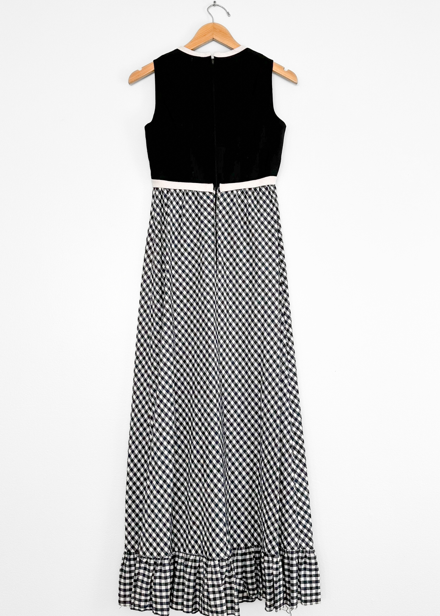 Vintage 70s Black & Dark Blue Gingham Maxi Dress (S)