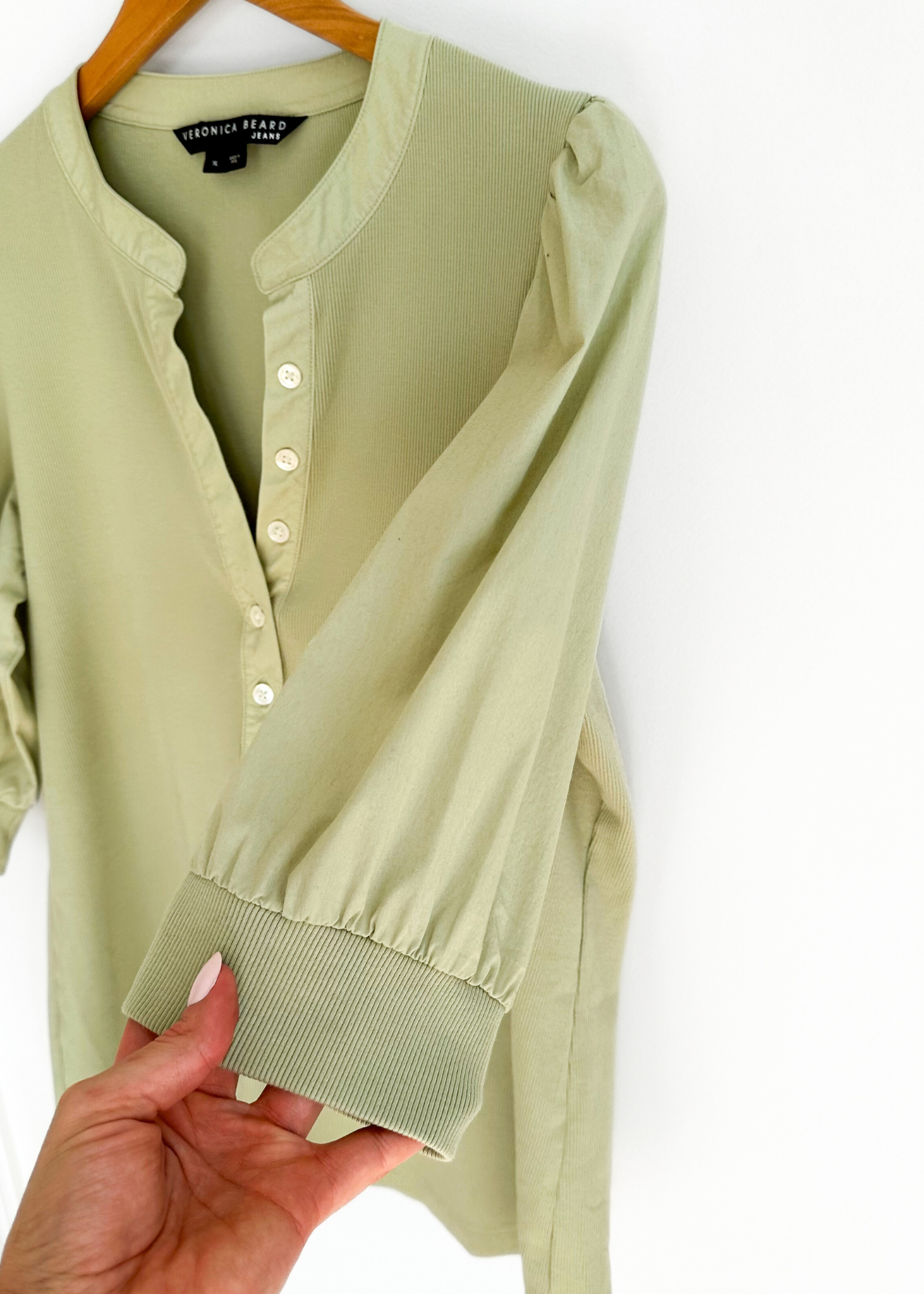 Veronica Beard Coralee Puff Sleeve Top in Dusty Sage Green (XL)