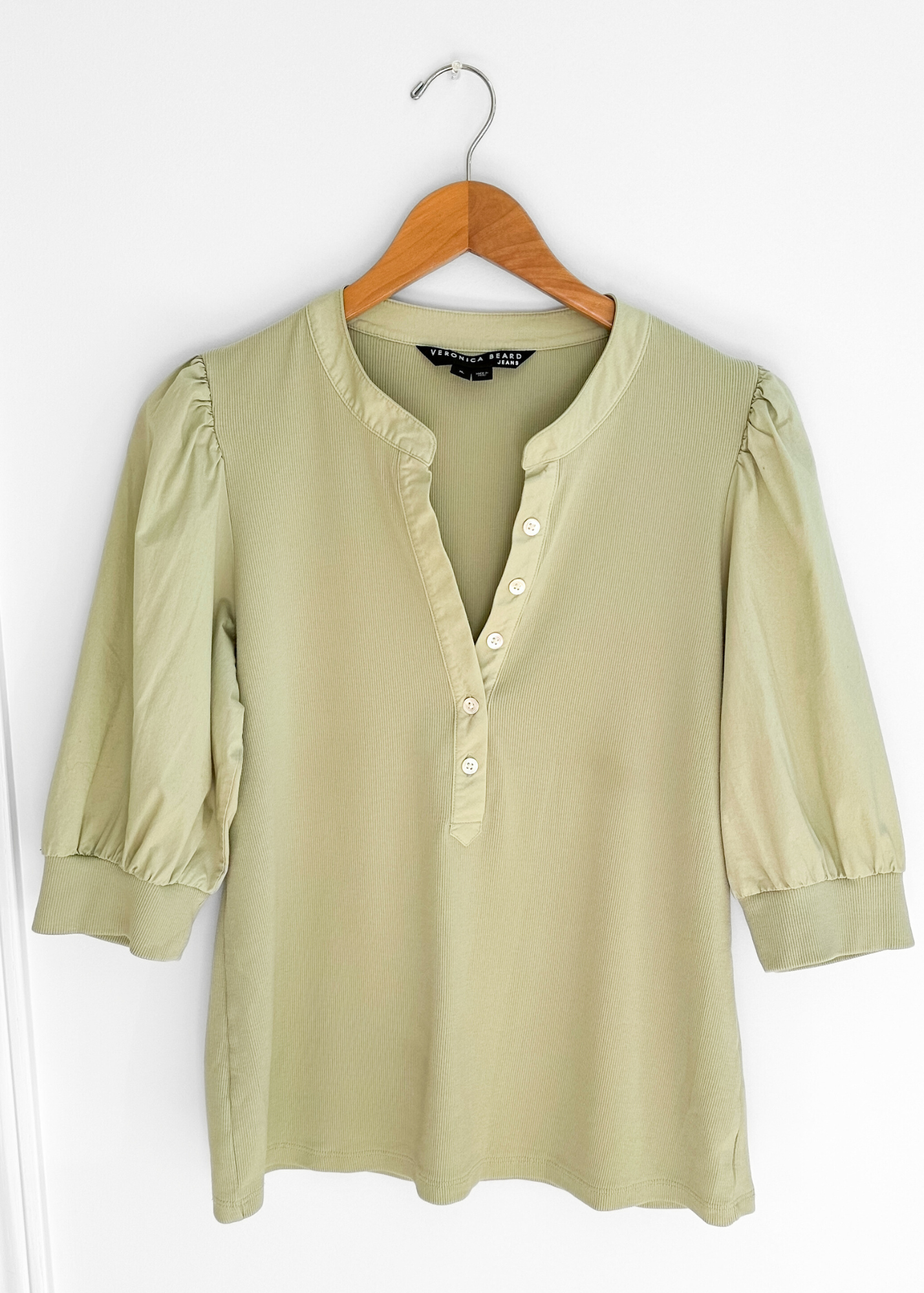 Veronica Beard Coralee Puff Sleeve Top in Dusty Sage Green (XL)