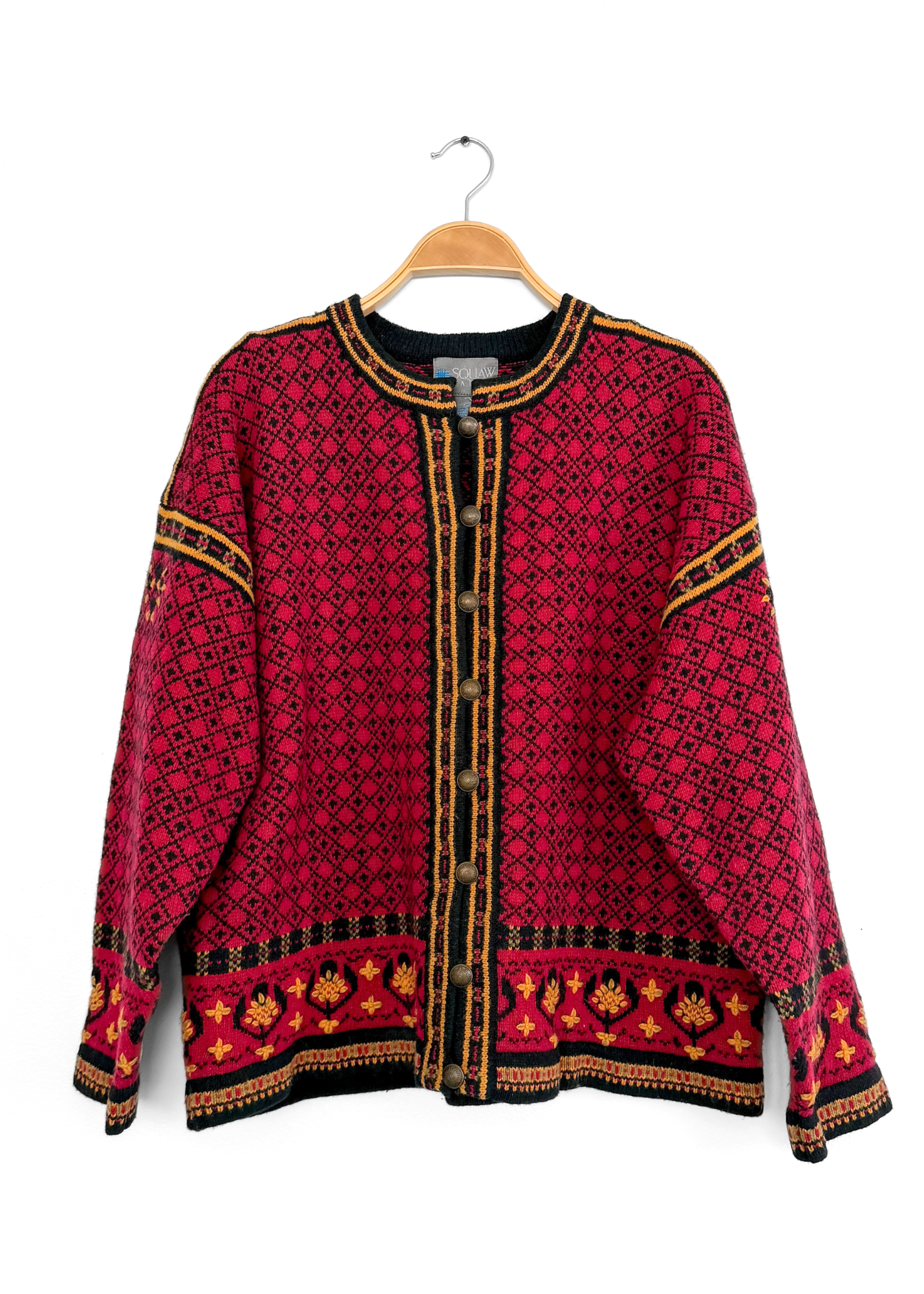 Squaw Valley Scandinavian Wool Knit Cardigan in Red Nordic Floral Fair Isle (M)