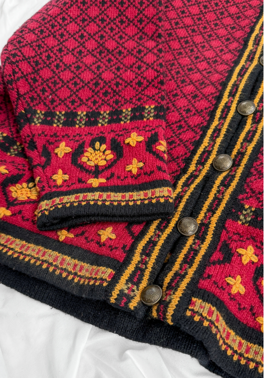 Squaw Valley Scandinavian Wool Knit Cardigan in Red Nordic Floral Fair Isle (M)