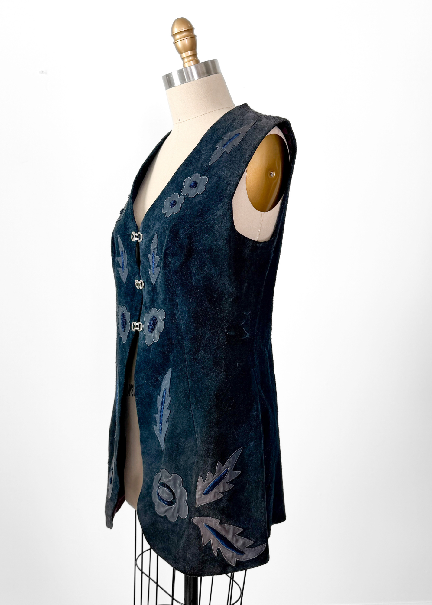 Vintage 60s 70s Navy Blue Suede and Leather Clip Front Vest Top (M)