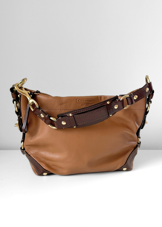 Vintage Y2K Coach Carly Duffle Shoulder Hobo Purse in Carmel and Dark Brown Leather