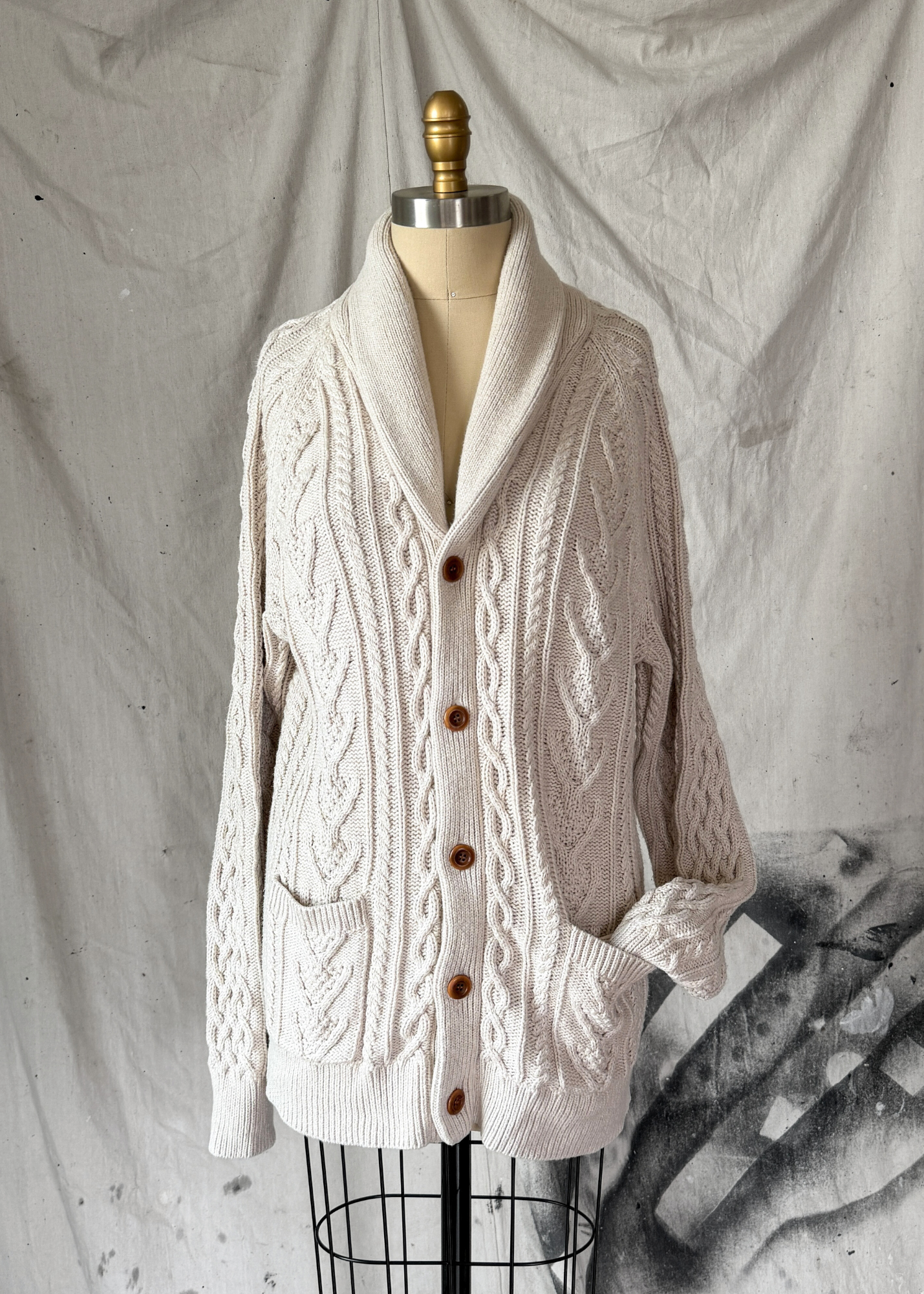 J.Crew Men's Cream Beige Cotton Fisherman Shawl Collar Button Cardigan Sweater (L)