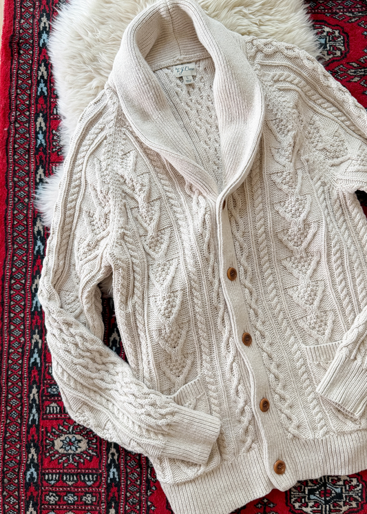 J.Crew Men's Cream Beige Cotton Fisherman Shawl Collar Button Cardigan Sweater (L)