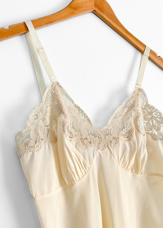 Vintage 80s Union Made Lady Lynne Cream Silky Lace Trim Slip Dress (M)