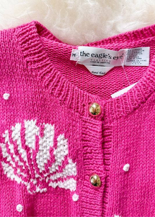 Vintage 1991 The Eagle Eye Pink White Sea Shell Coastal Handknit Cardigan (M)