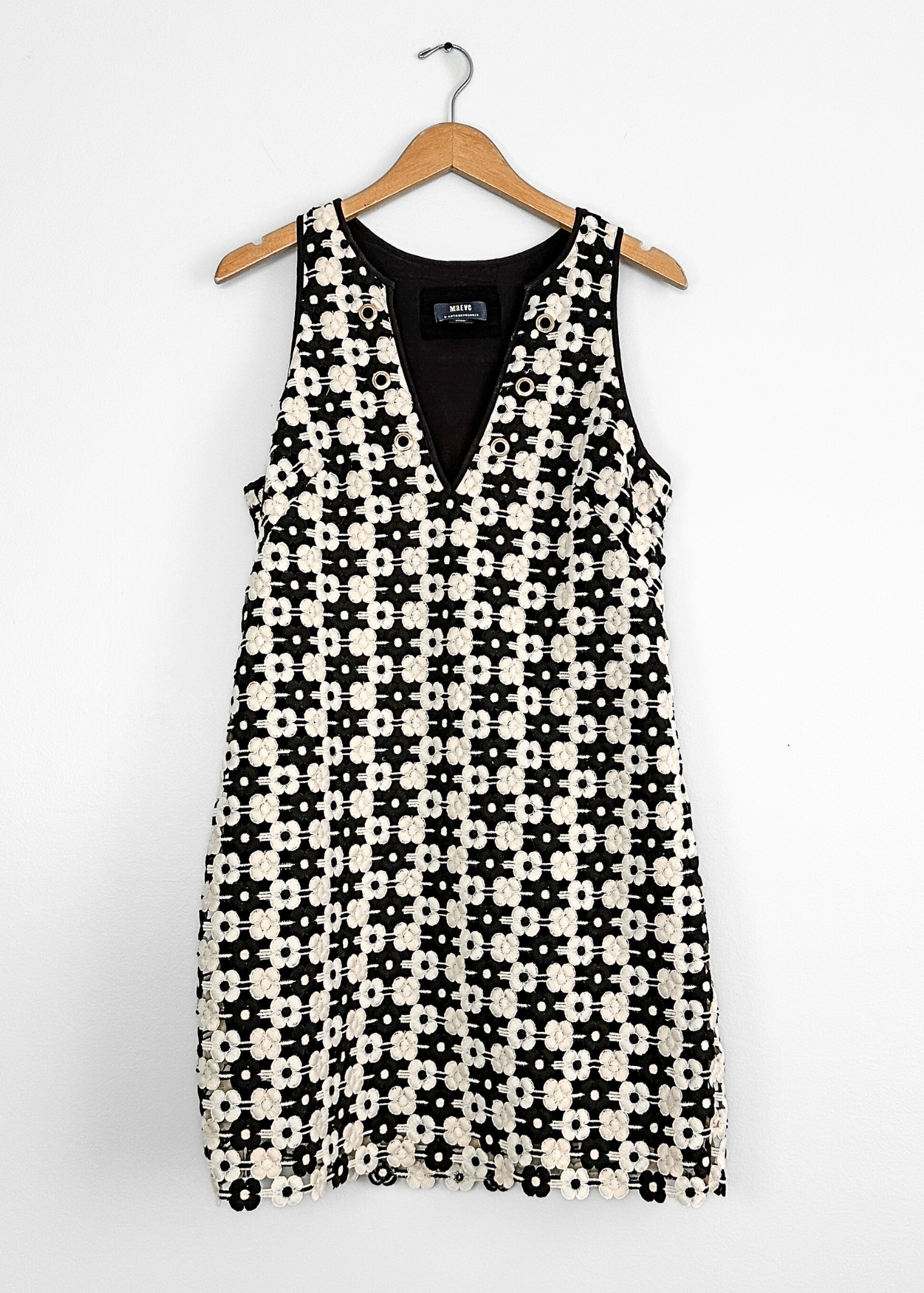 Anthropologie Maeve V-Neck Crochet Black Cream Flower Dress (M)