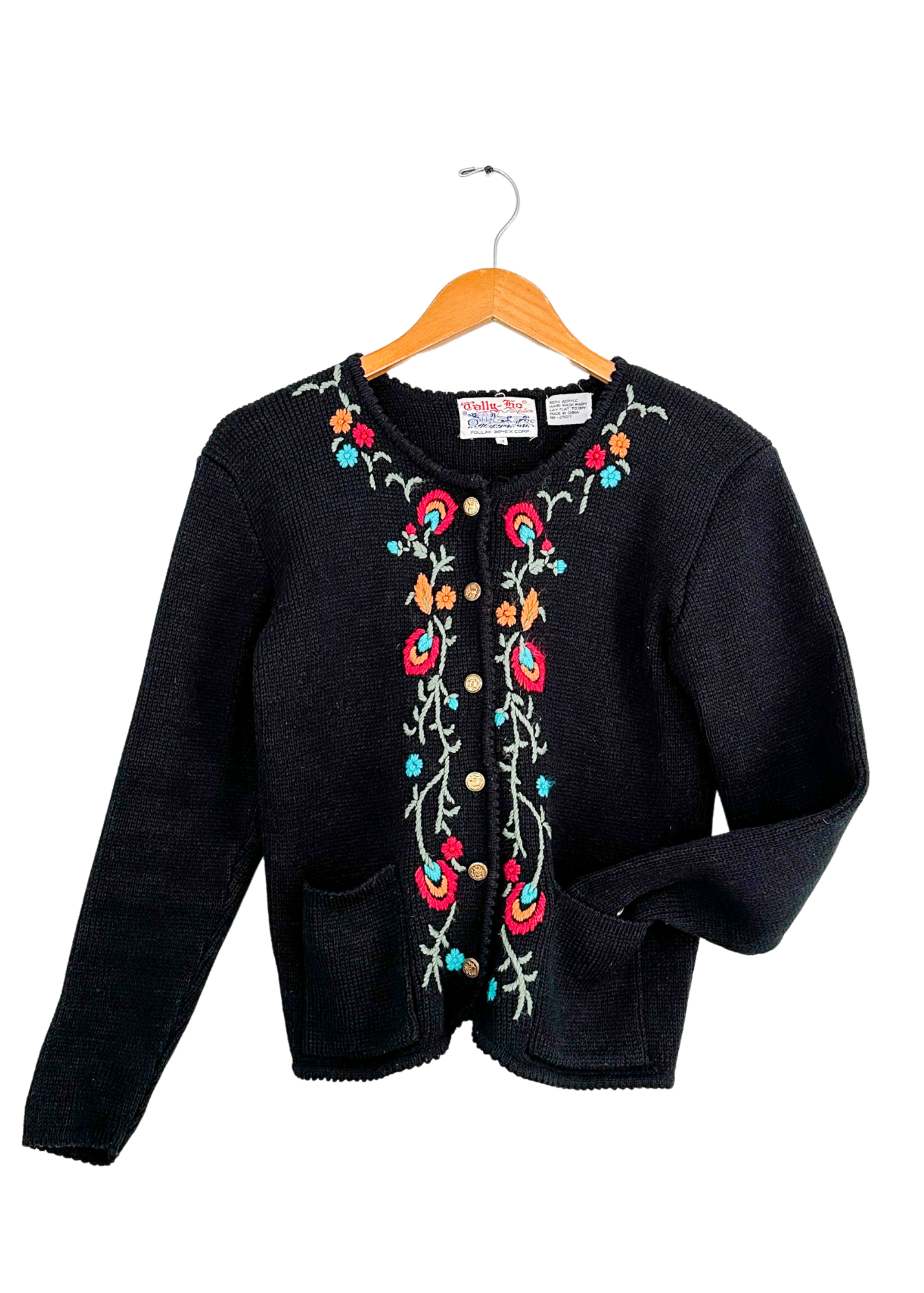 Vintage 70s Tally-Ho Floral Embroidered Hand Knit Cardigan Sweater (S)
