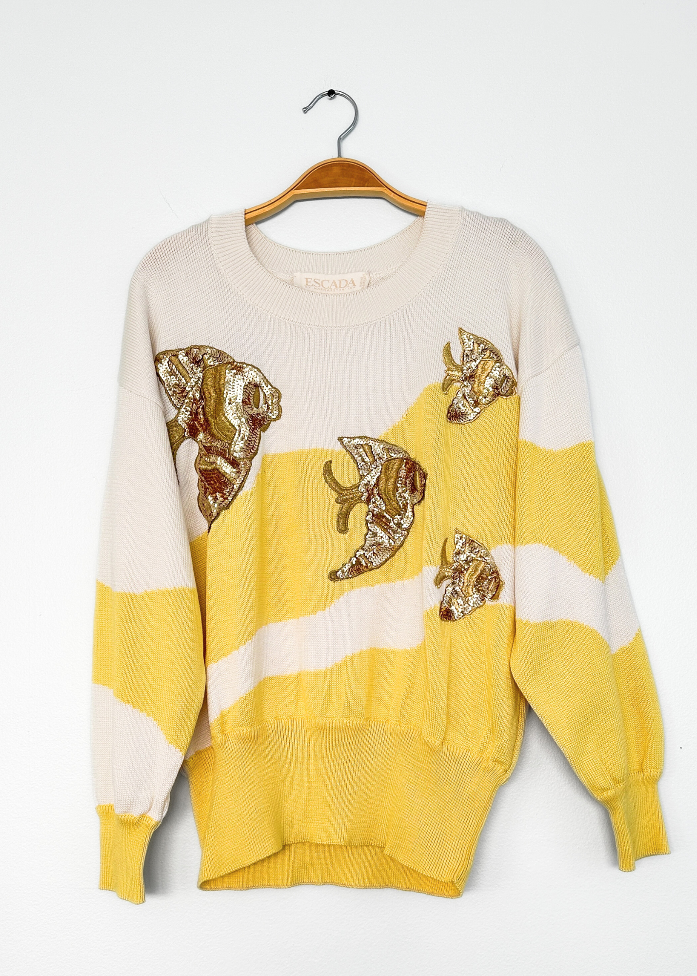 Vintage 80s Escada Yellow and White Gold Fish Sequin Novelty Knit Top (S/M)