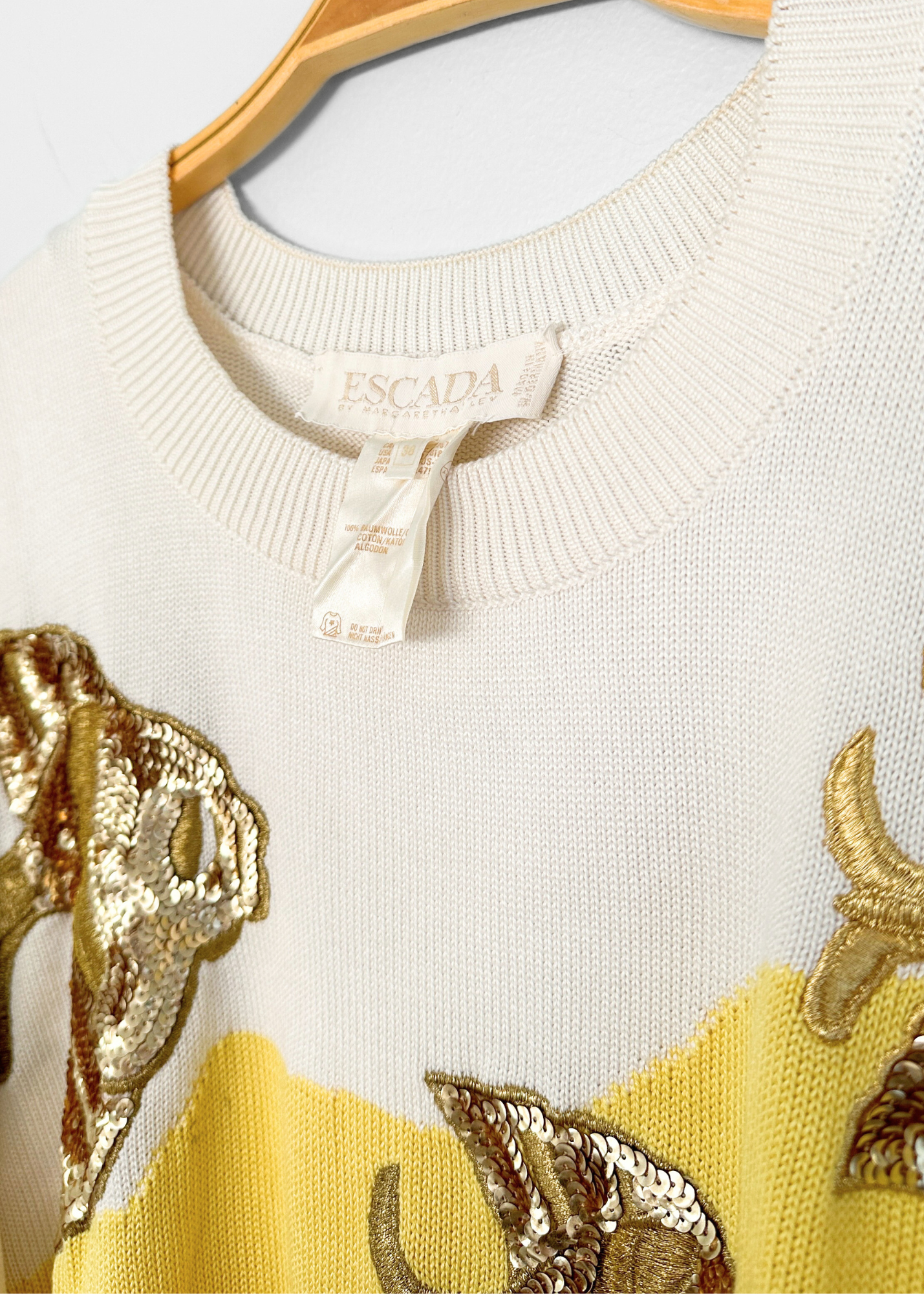 Vintage 80s Escada Yellow and White Gold Fish Sequin Novelty Knit Top (S/M)