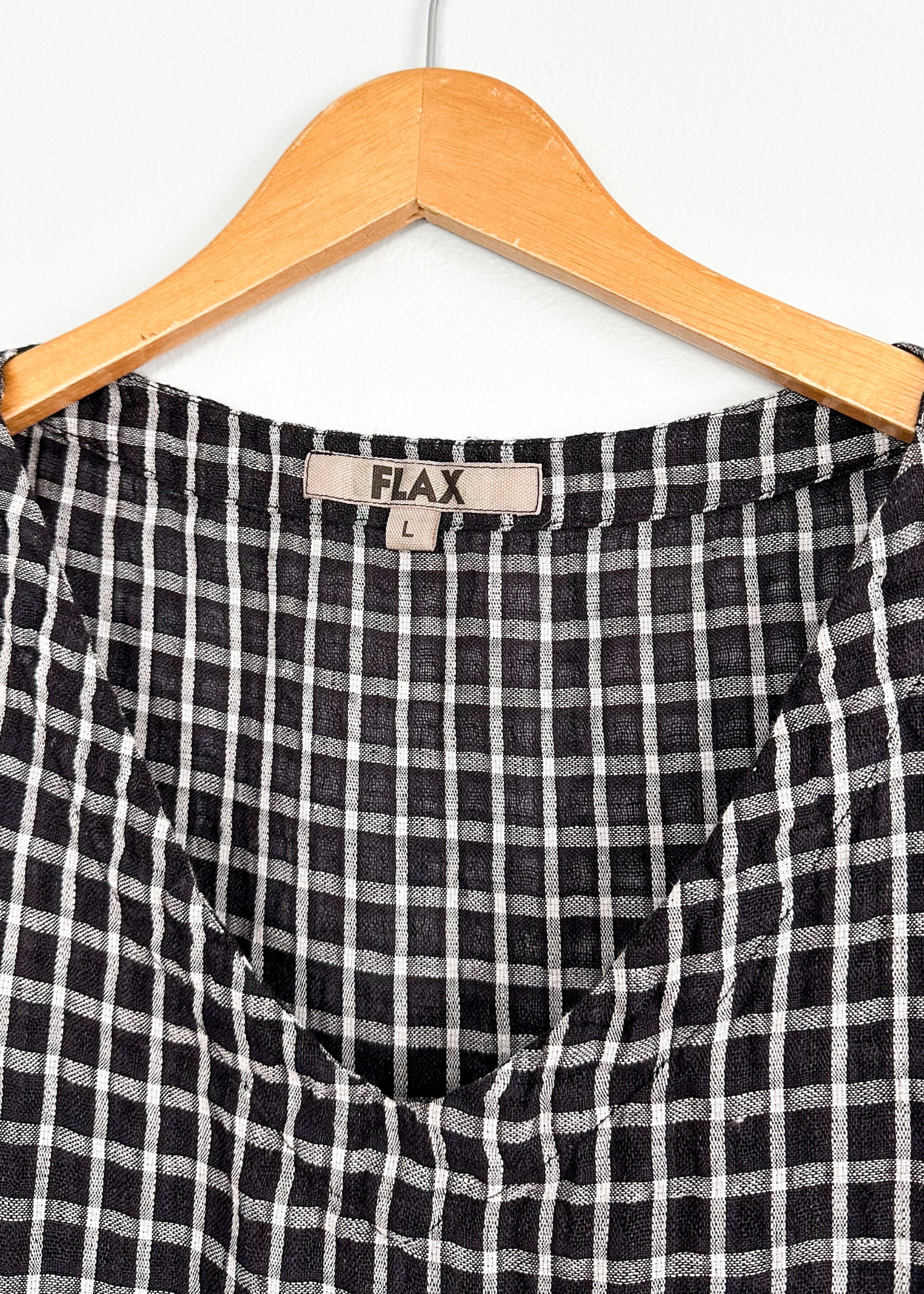FLAX Black and White Check Linen Flowy V-Neck Sleeveless Top (L)