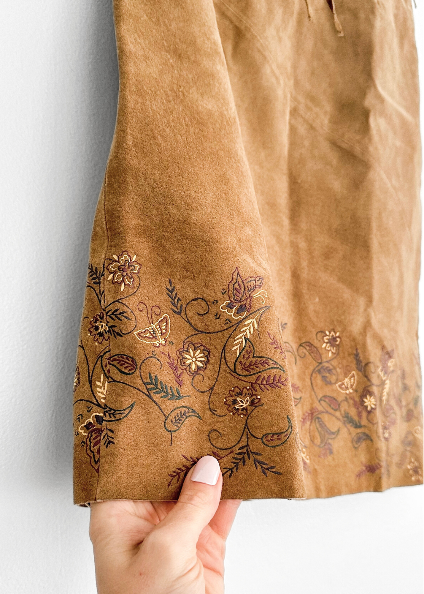 NEW Vintage 00s Express Brown Butterfly Embossed Suede Leather Skirt (S/M)