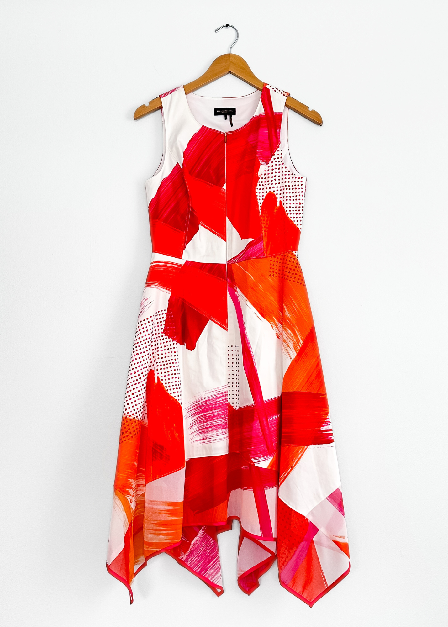 Donna Karan Pink and Orange Abstract Handkerchief Hem Zip Front Dress (4)