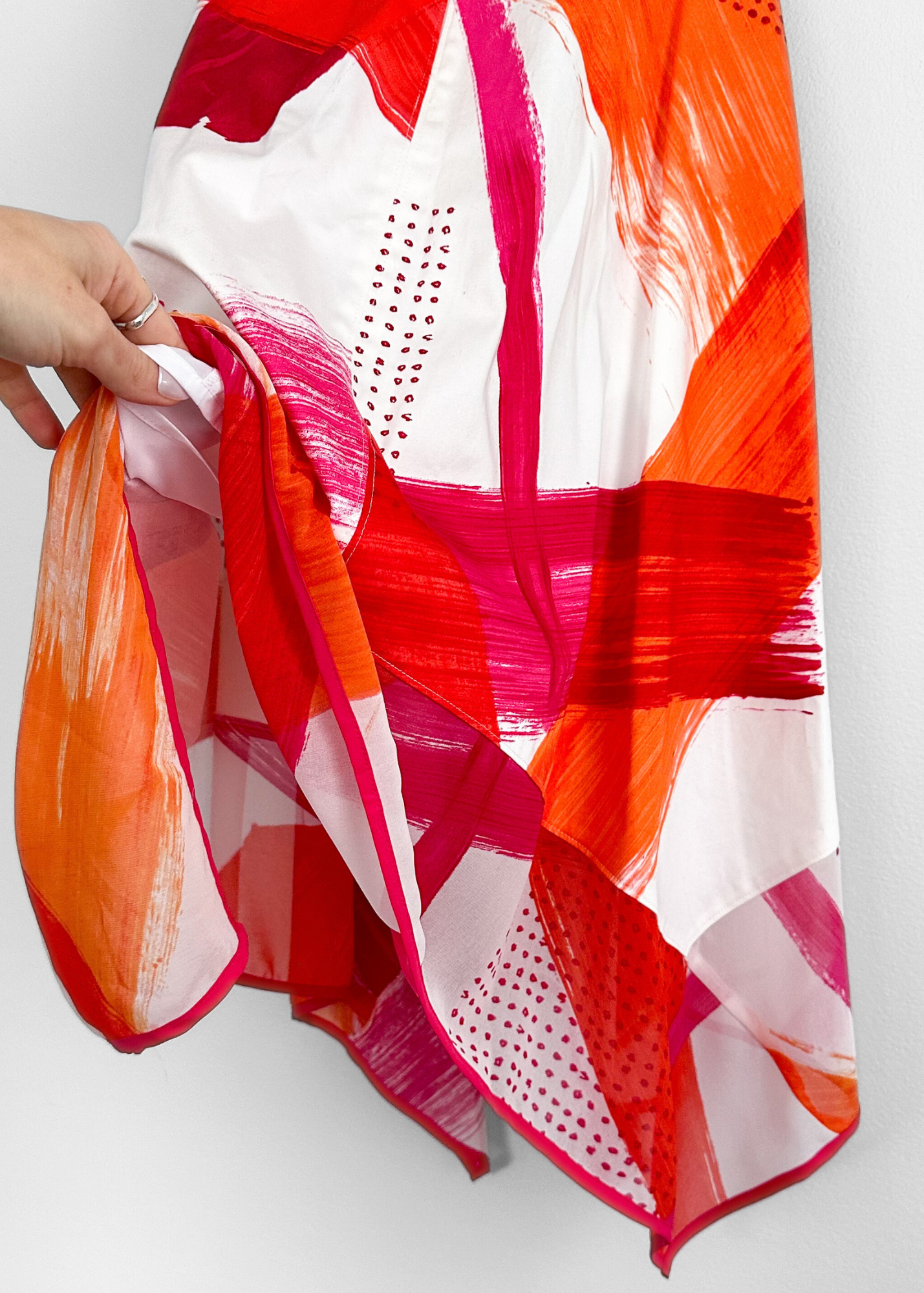 Donna Karan Pink and Orange Abstract Handkerchief Hem Zip Front Dress (4)