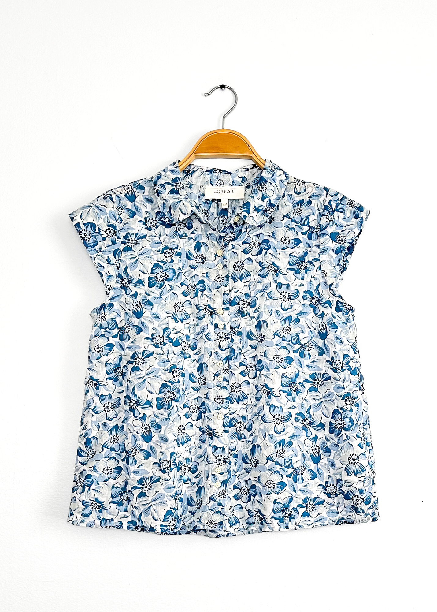 THE GREAT. The Wren Blue Floral Button Down Top