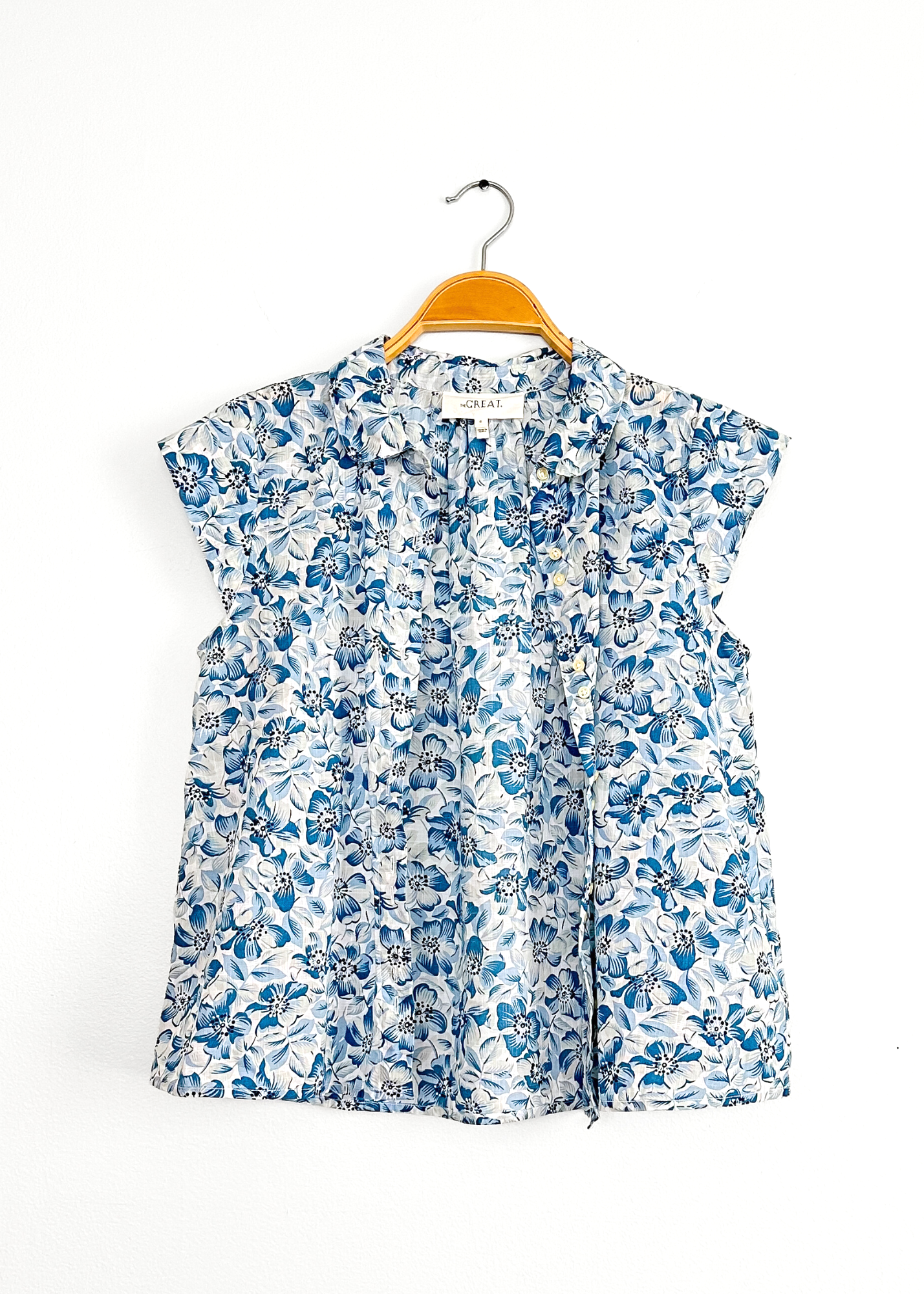 THE GREAT. The Wren Blue Floral Button Down Top