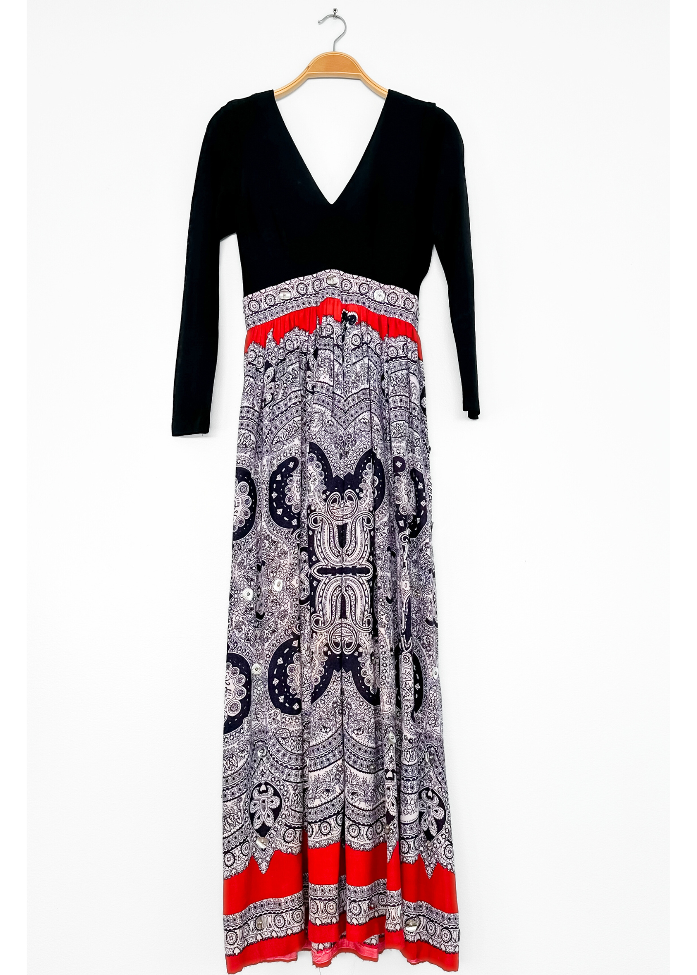 Vintage 70s Black Red and Navy Boho Maxi Dress (S)