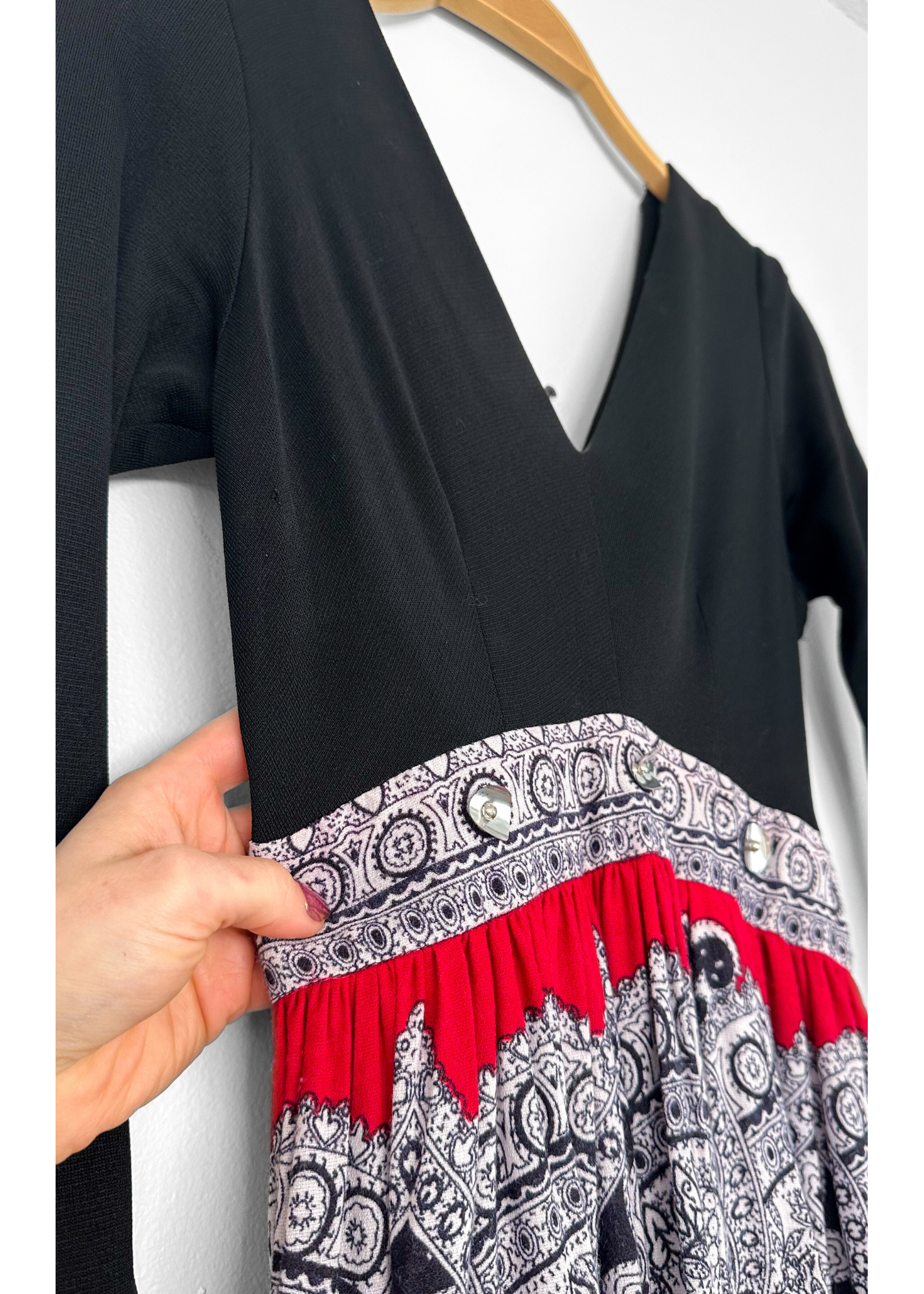 Vintage 70s Black Red and Navy Boho Maxi Dress (S)