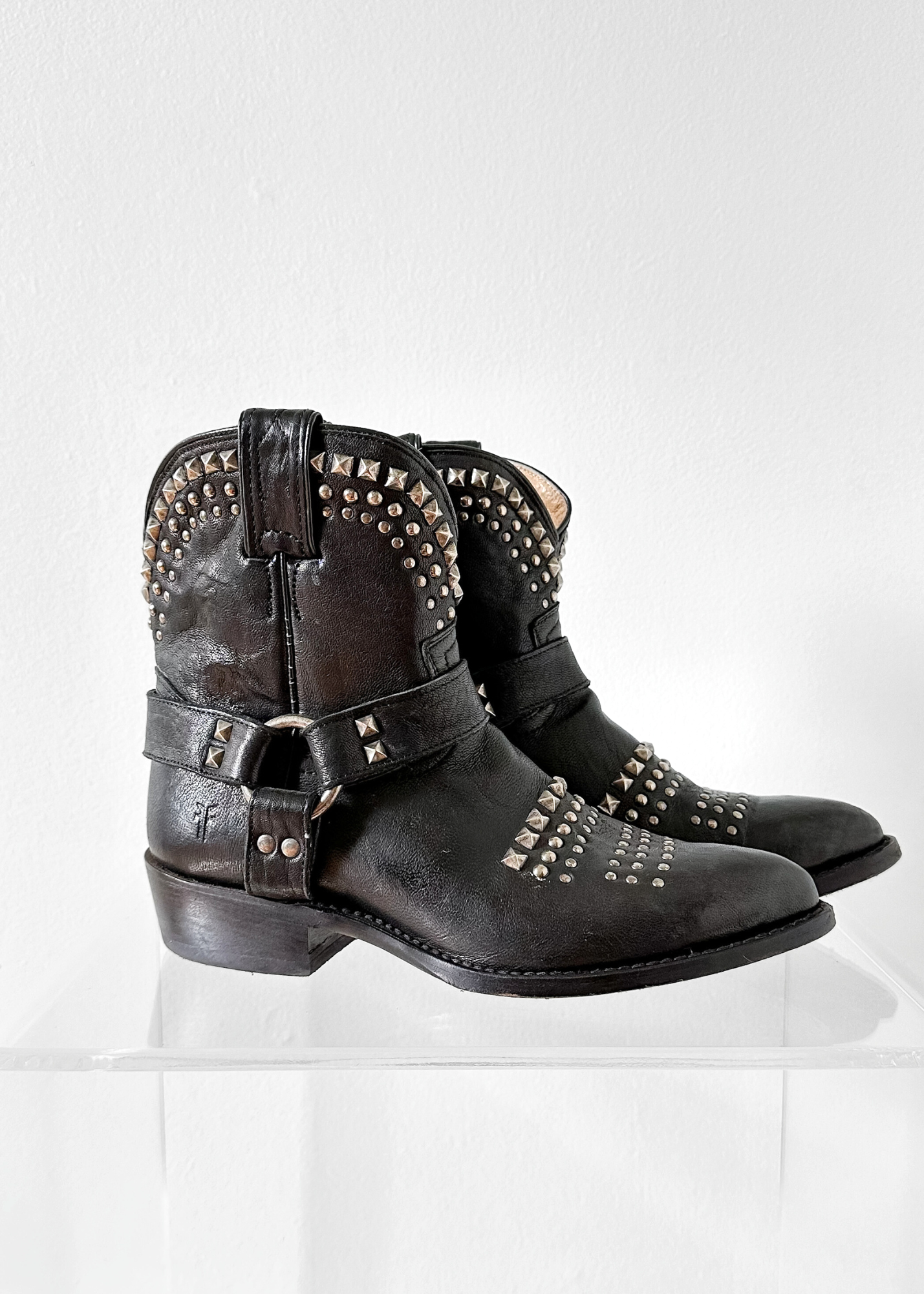 Frye Black Leather Silver Stud Billy Biker Short Western Cowboy Boots (7.5)