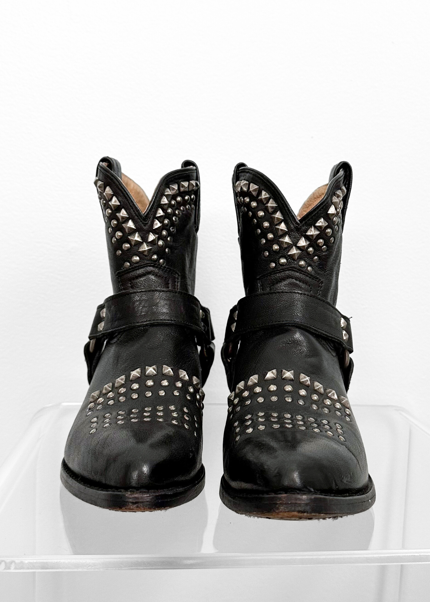 Frye Black Leather Silver Stud Billy Biker Short Western Cowboy Boots (7.5)