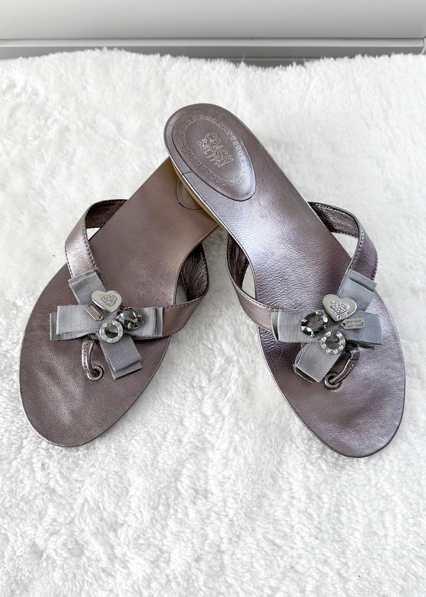 Coach Metallic Pewter Silver Charm Sandals (9.5)