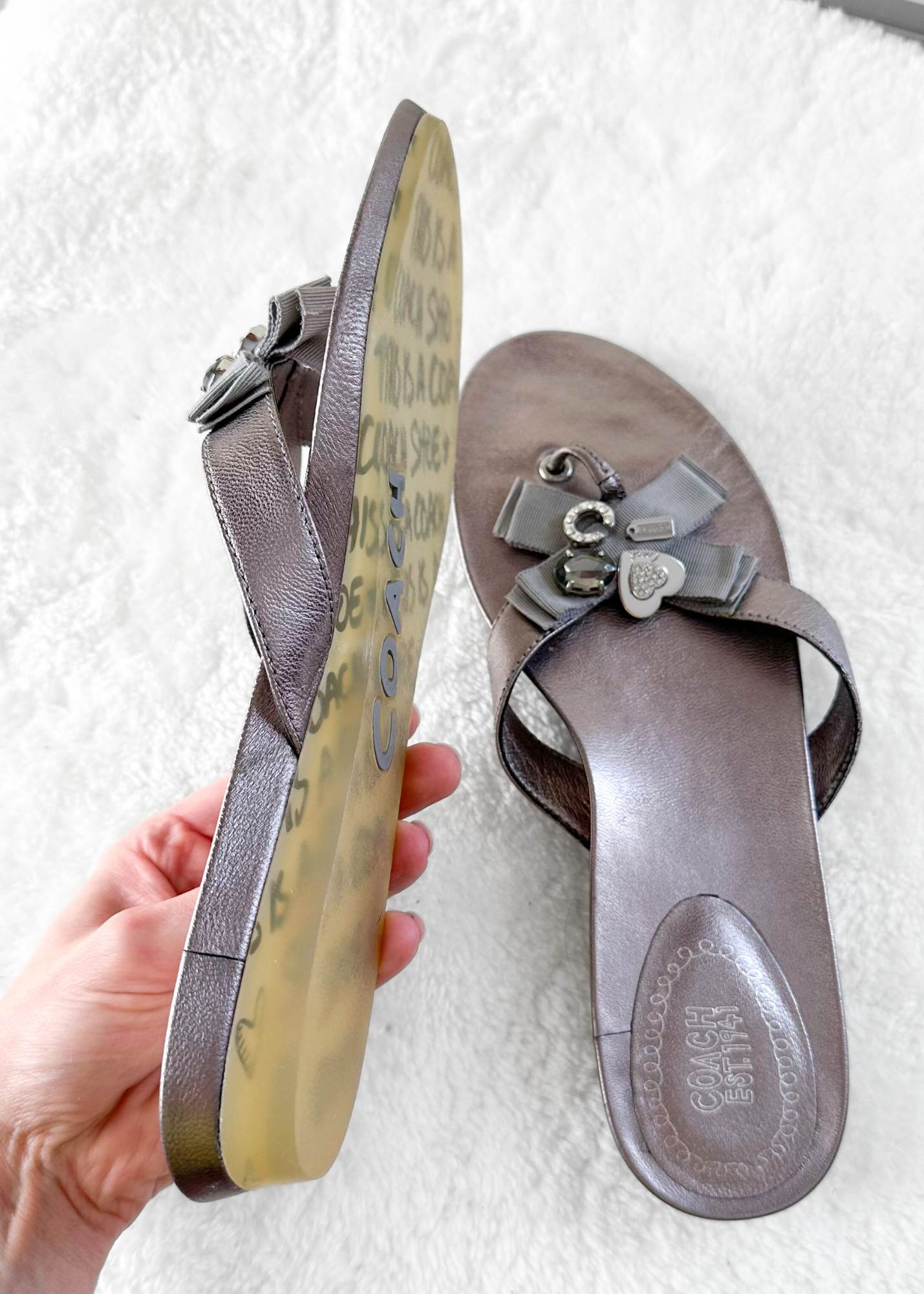Coach Metallic Pewter Silver Charm Sandals (9.5)