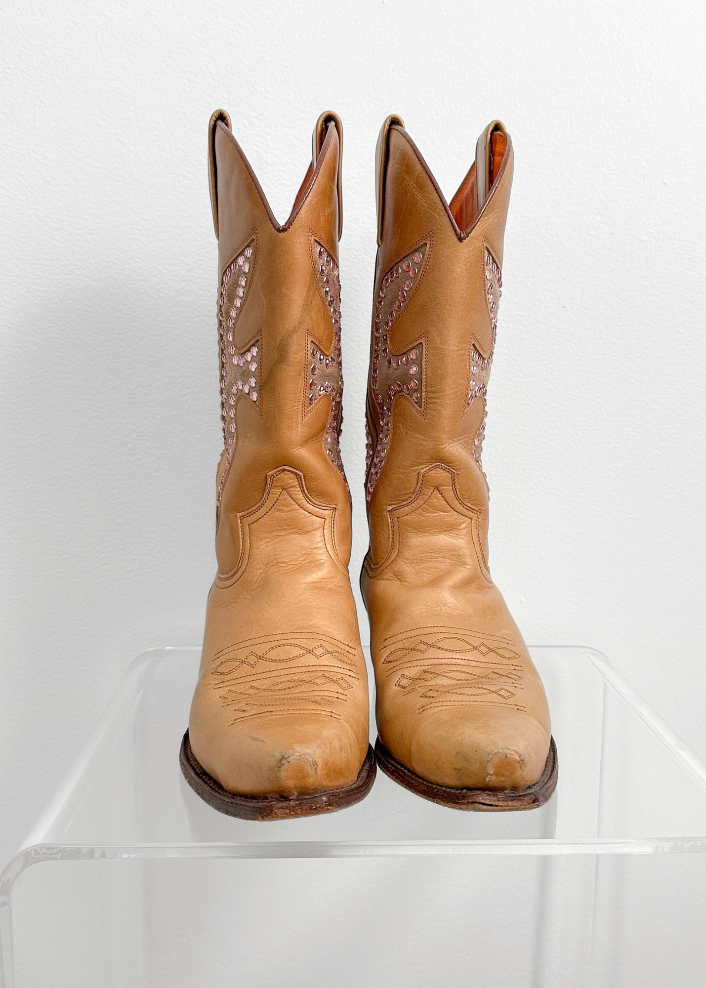Vintage Frye Daisy Duke Tan Brown Leather Pink Crystal Studded Cowboy Boots (9)