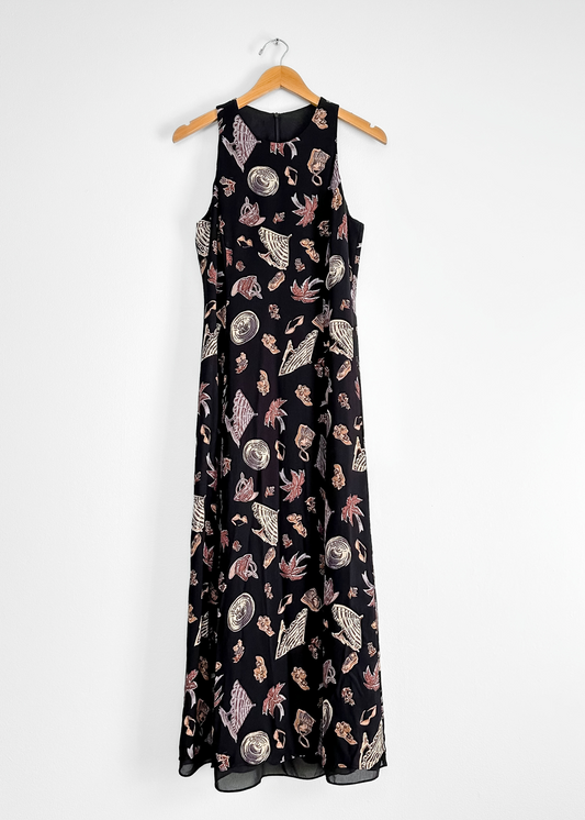 Vintage 90s Sea Side Print Black Maxi Dress (4/6)