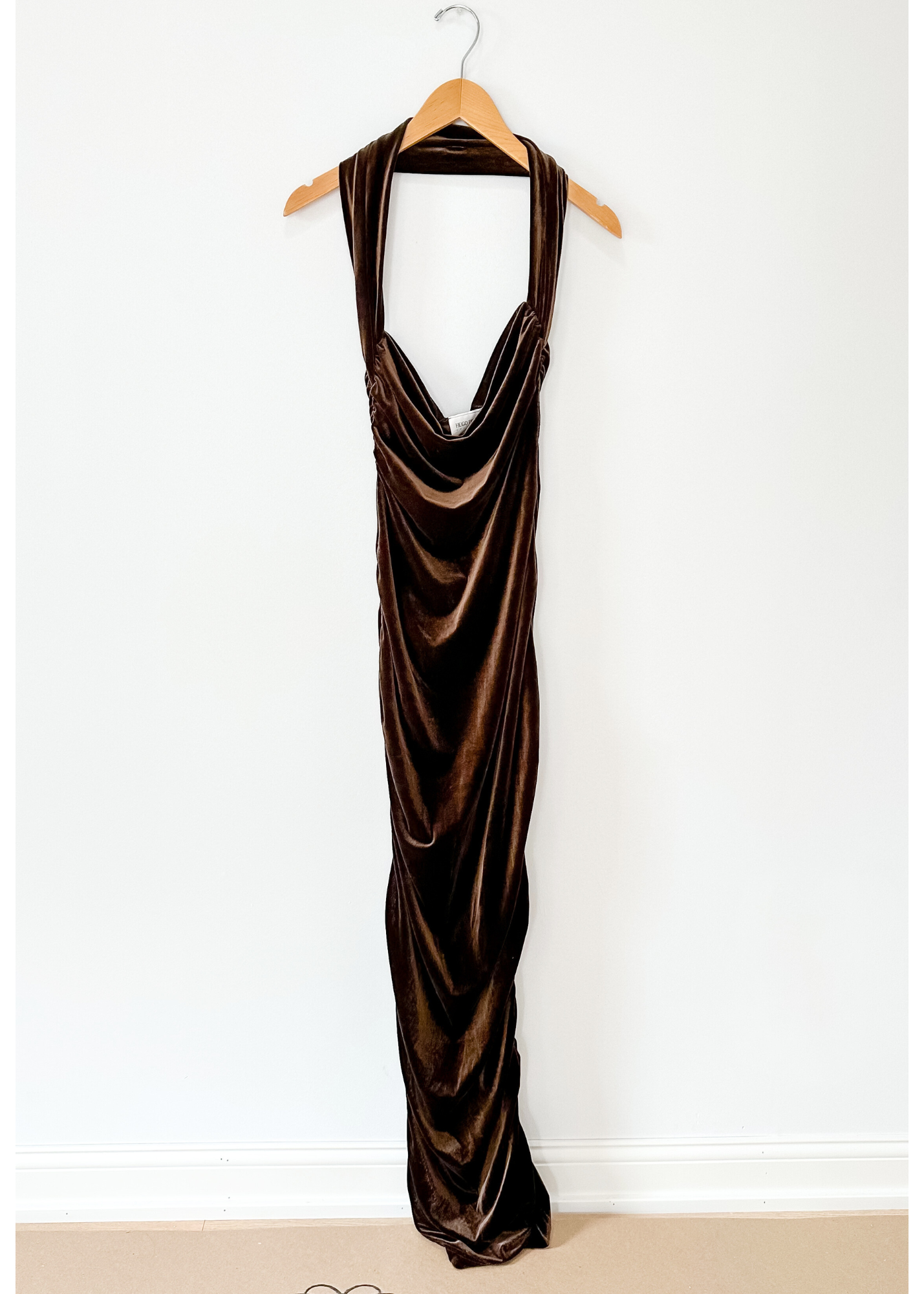 Vintage 90s Hugo Buscati Brown Velvet Ruched Halter Dress