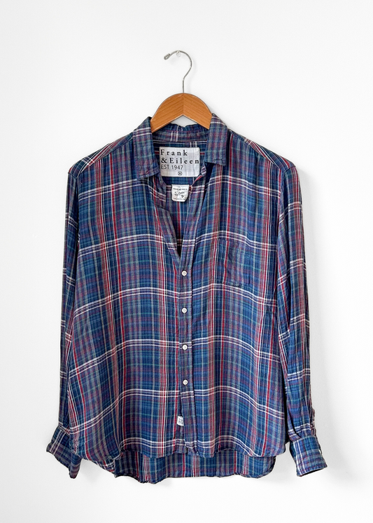 Frank & Eileen Italian Cotton Blue Plaid Relaxed Button Down Top (M)