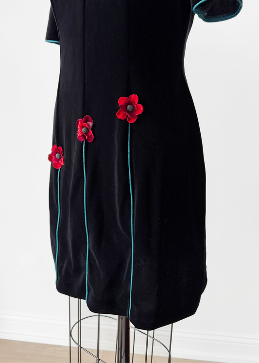 Vintage 00s JSC Black Velvet Red Floral Applique Dress (US 12)
