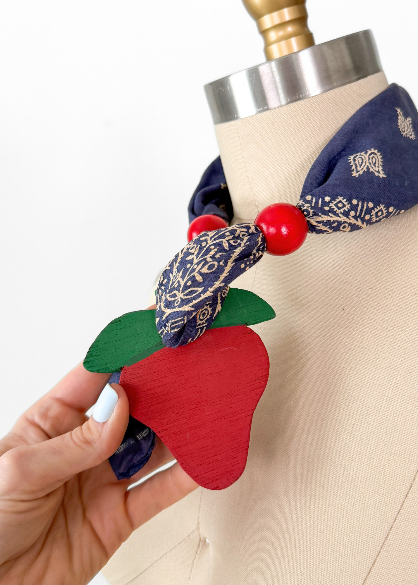 Vintage Strawberry Pendant Blue Bandana Handkerchief Scarf Necklace