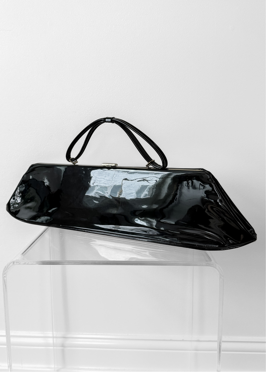 Vintage 70s 80s Black Patent Leather Extra Long Geometric Clutch Purse
