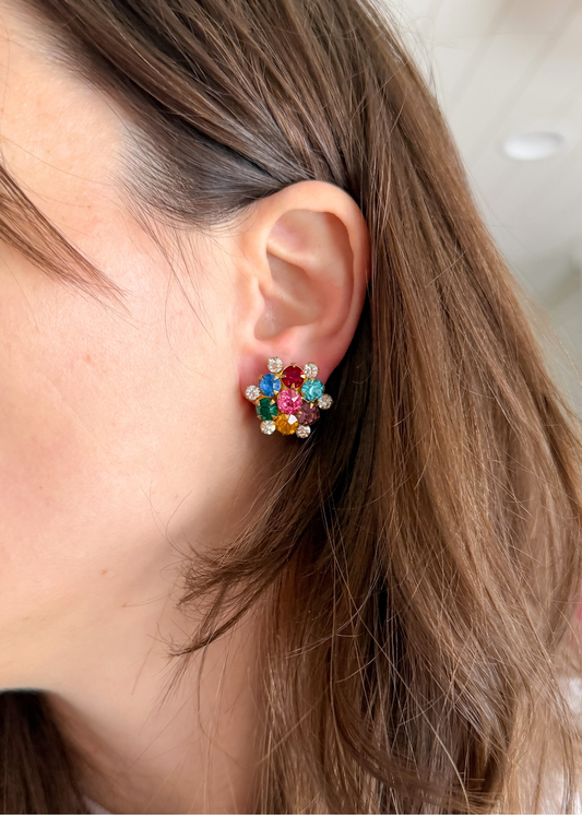 Vintage 70s Multi Color Rhinestone Cluster Clip Earrings