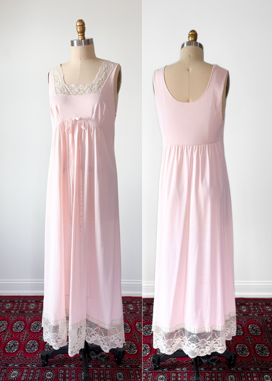 Vintage 90s Baby Pink Square Neck Tie Front Full Length Nighty Sleepwear