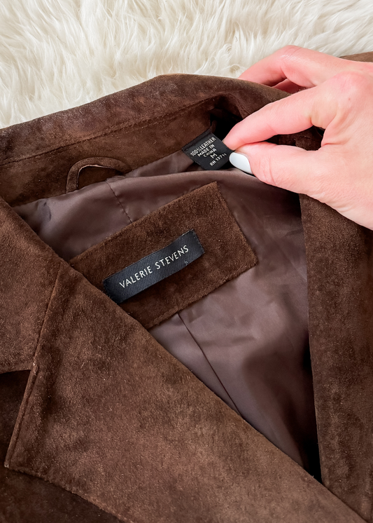 Chocolate Brown Suede Leather Button Front Jacket (M)
