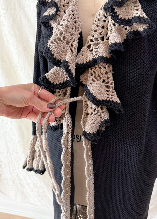 Vintage Lacy After Noon Black Tan Crochet Ruffle Duster Cardigan
