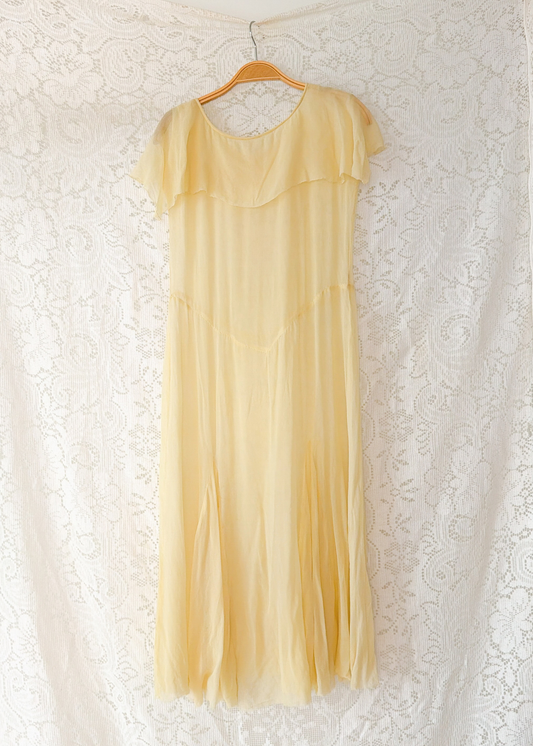 1930s Butter Yellow Silk Chiffon Bias Cut Dress