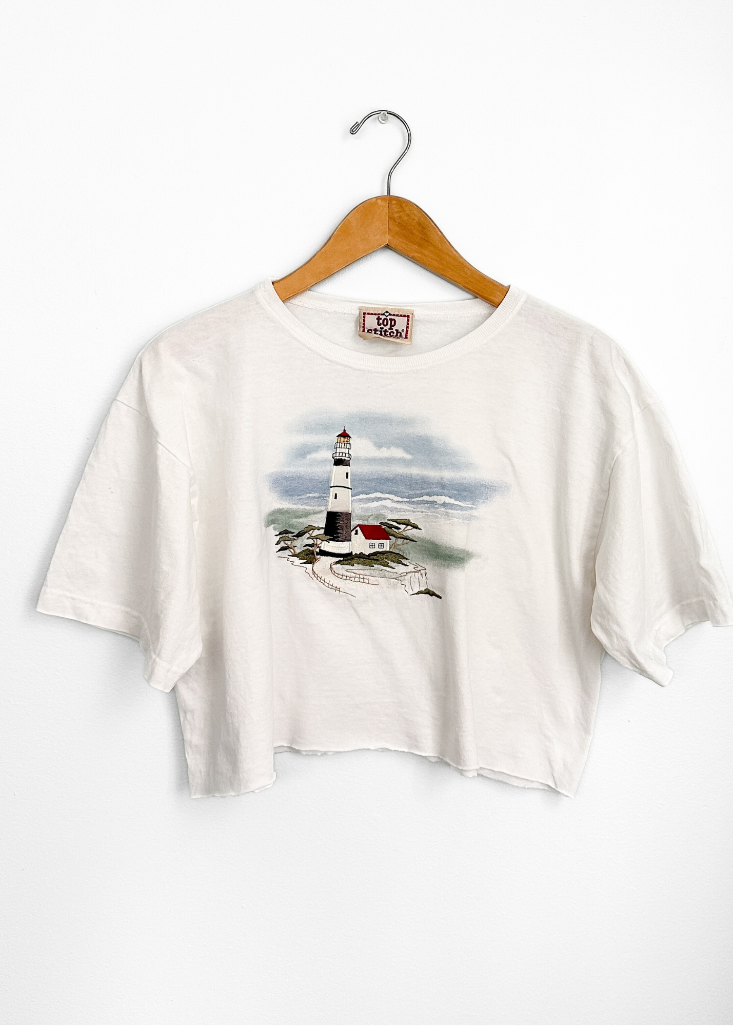 Vintage 90s Top Stitch Light House Embroidered Hand Cropped Tee (L/XL)