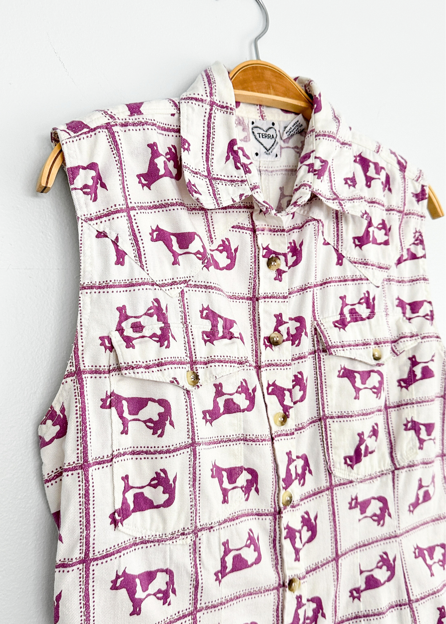 Terra Purple and White Western Cow Print Button Down Top (M)